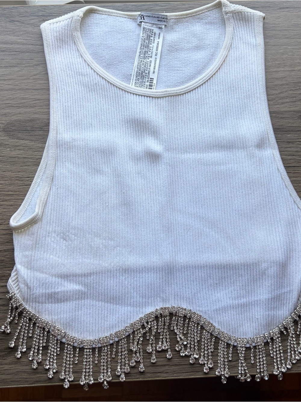 Zara White Ribbed Tank Top with Beaded Fringe